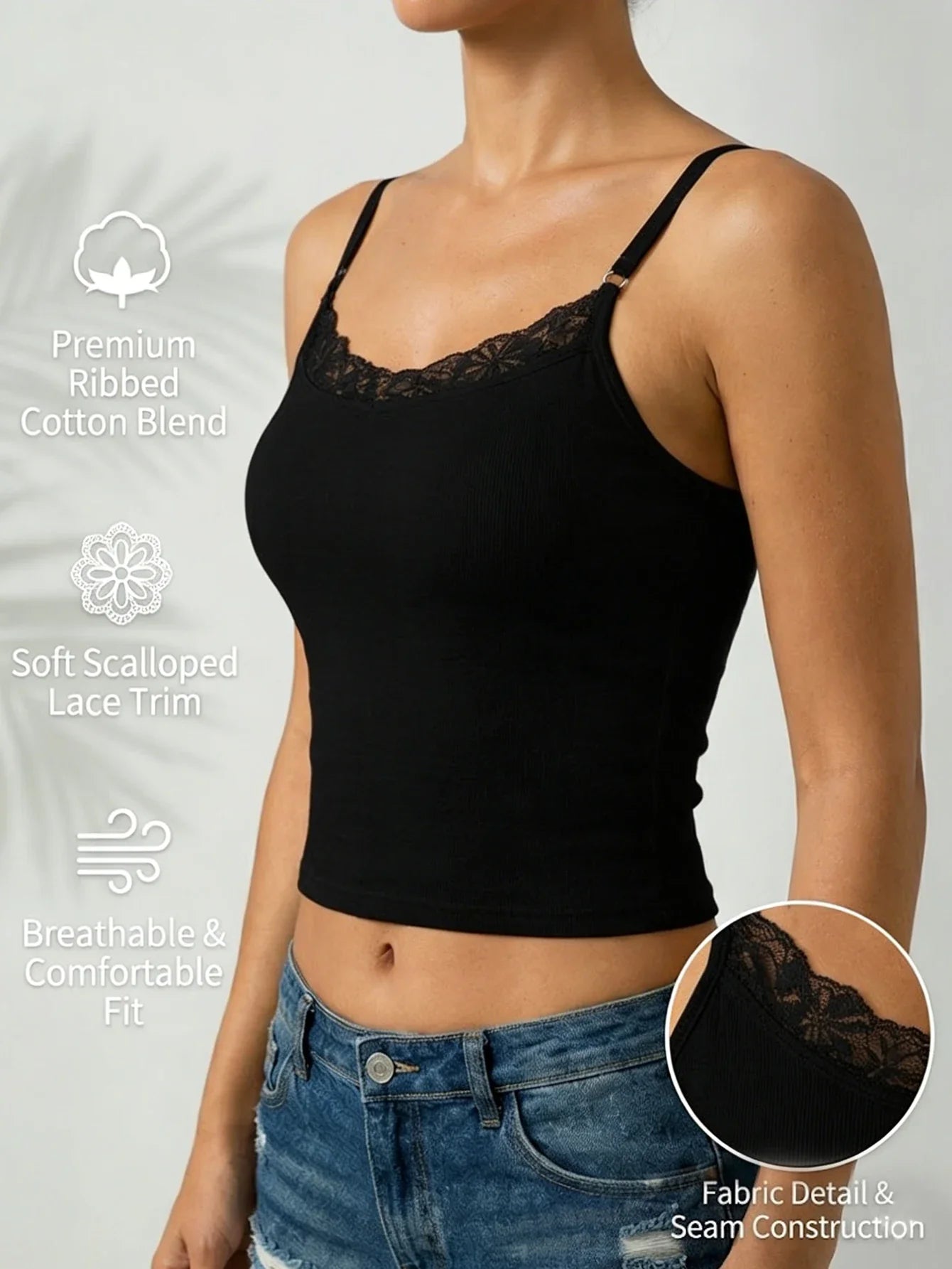Lace neckline Women Sleeveless Camisole Built-in padding Adjustable thin straps Tank Top Summer Beathable Ladies Vest