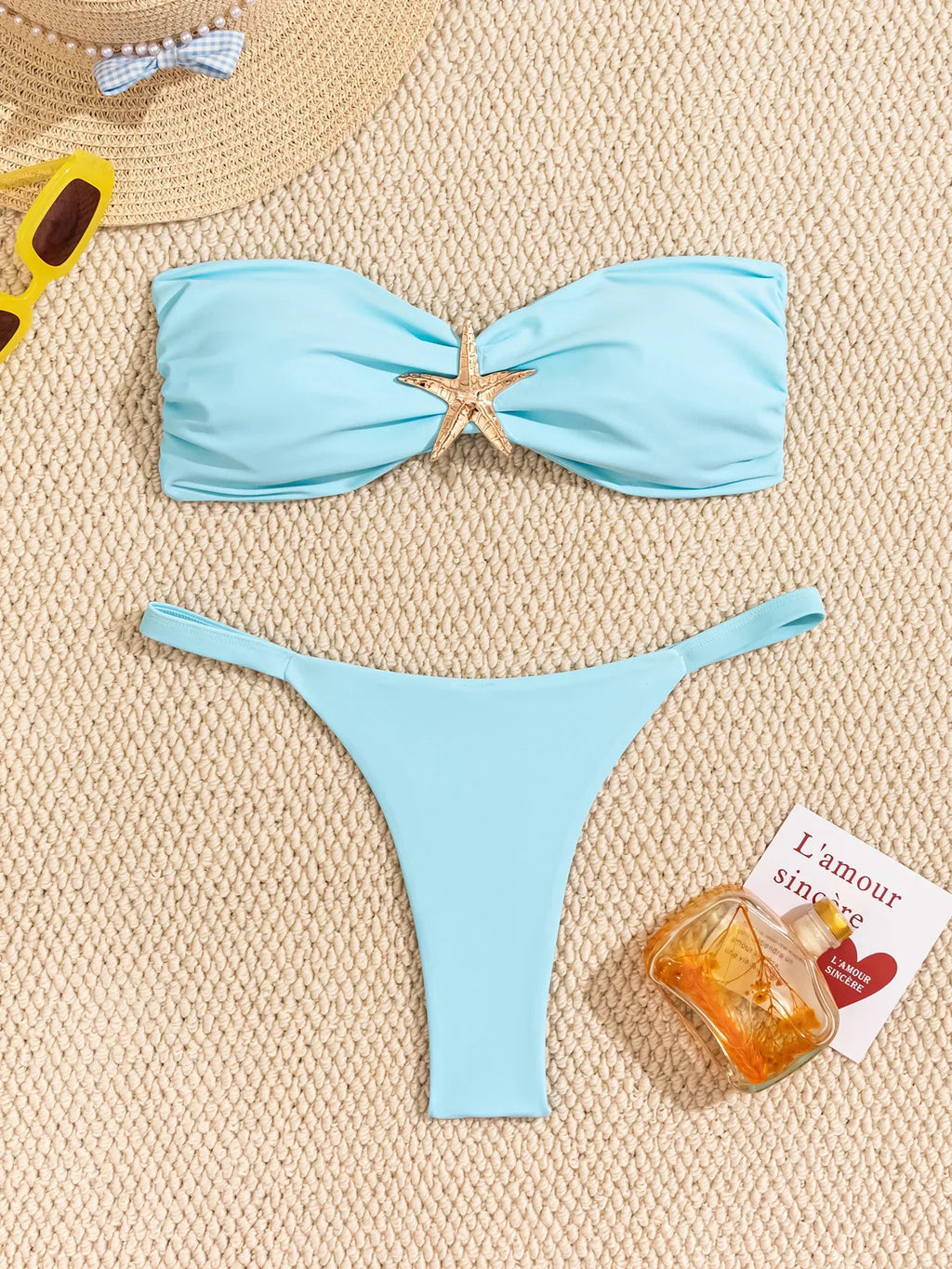 Sexy Bandeau Bikini Set 2026 Women Coffee Starfish Ornament Push Up Thong Swimsuit Brazilian Beach Bathing Suit Micro Swimwear