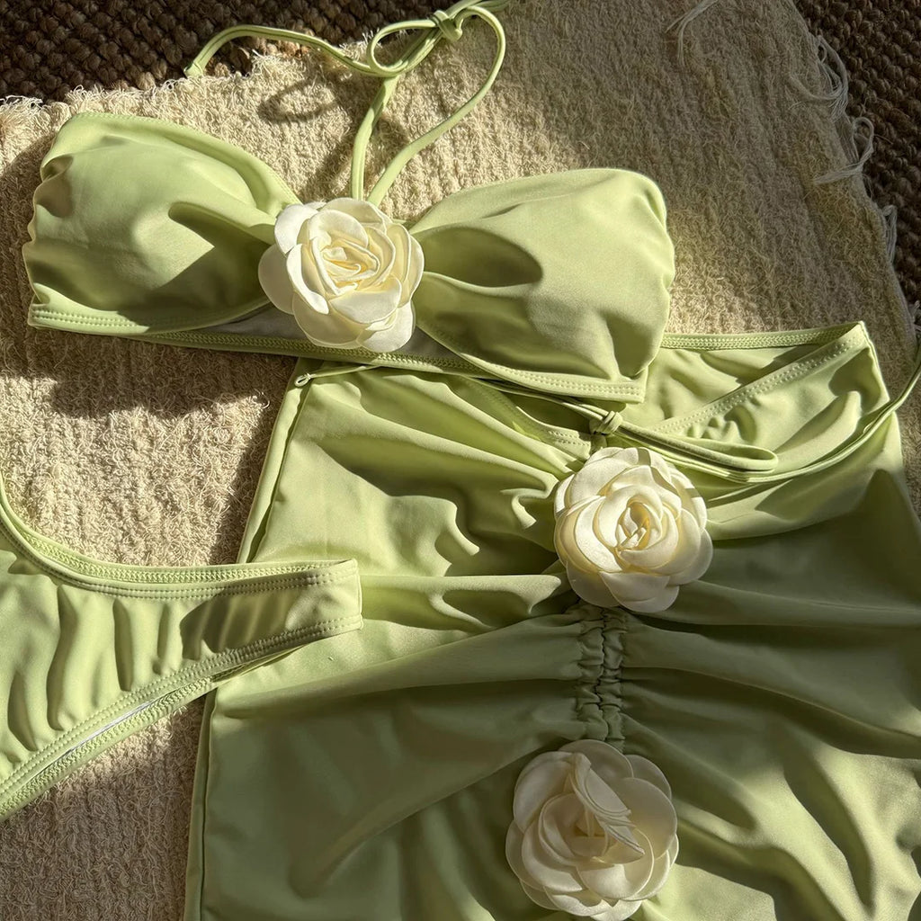 New 3D Flowers With Skirt Brazilian Bikini Women Swimwear Three-pieces Bikini set Female Swimsuit Bather Bathing Suit Swim V5755