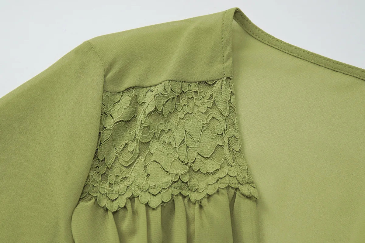 FDYOUI Sexy V-neck Lace Patchwork T-shirt Tops+Long Skirt 2 Piece Set Women's Summer Green Holiday Party Dress Suit Streetwear