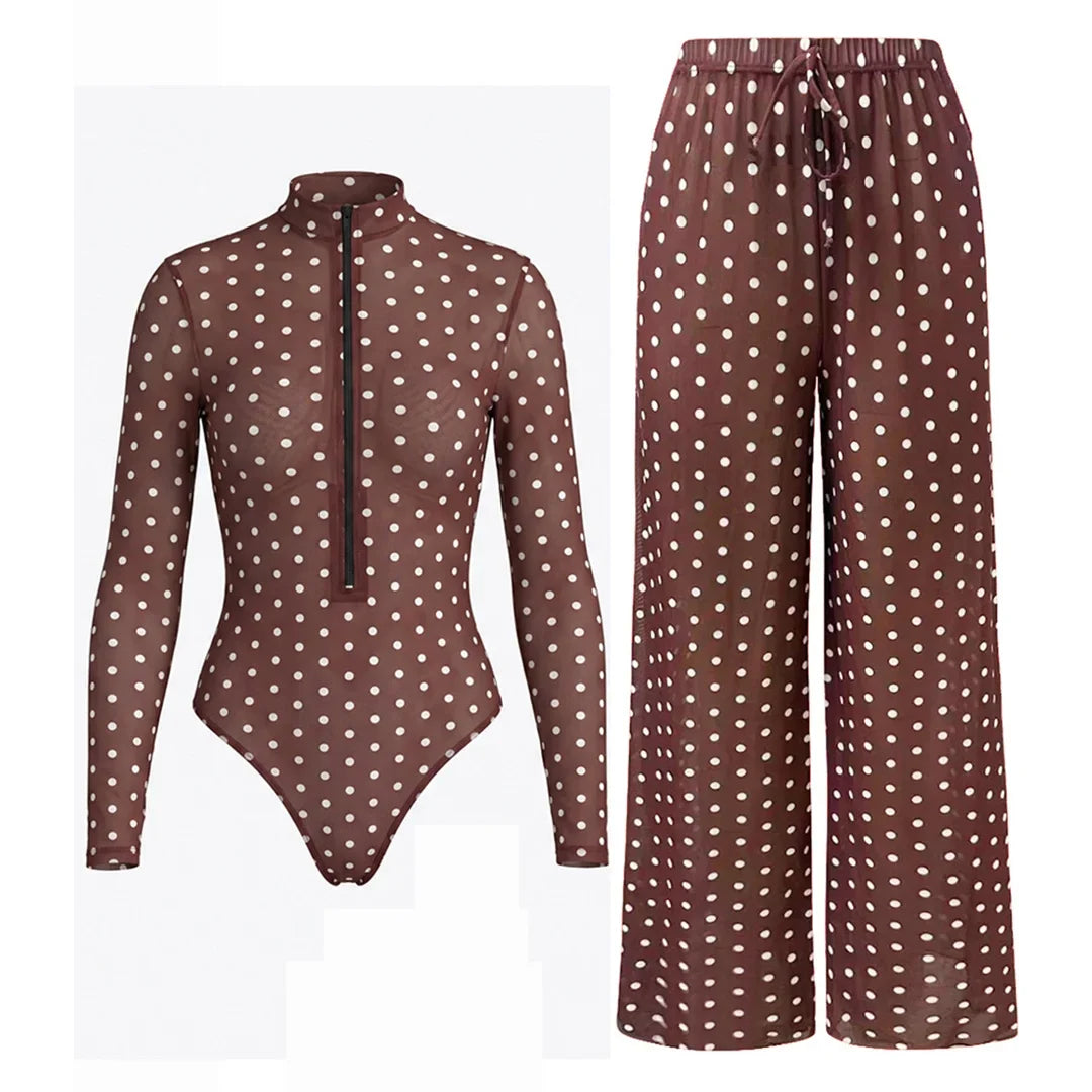 S - XXL Polka Dot Long Sleeve With Zipper Pants One Piece Swimsuit Women Swimwear Female Padded Bather Bathing Suit Swim V8363