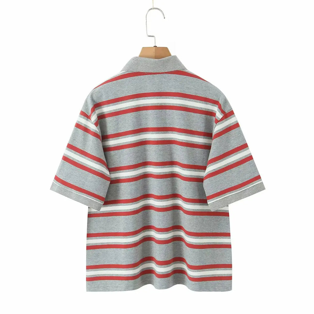 Foridol Burgundy Striped Casual Women T-shirt Summer Loose Polo Shirts Buttons New Female Tops Blouse White Tops Spring Shirt