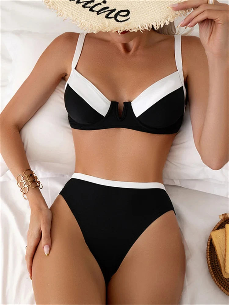 Sexy Black White Patchwork Bikini 2024 Women Halter V Underwire Push Up Micro Swimsuit Beach Bathing Suit High Waist Swimwear