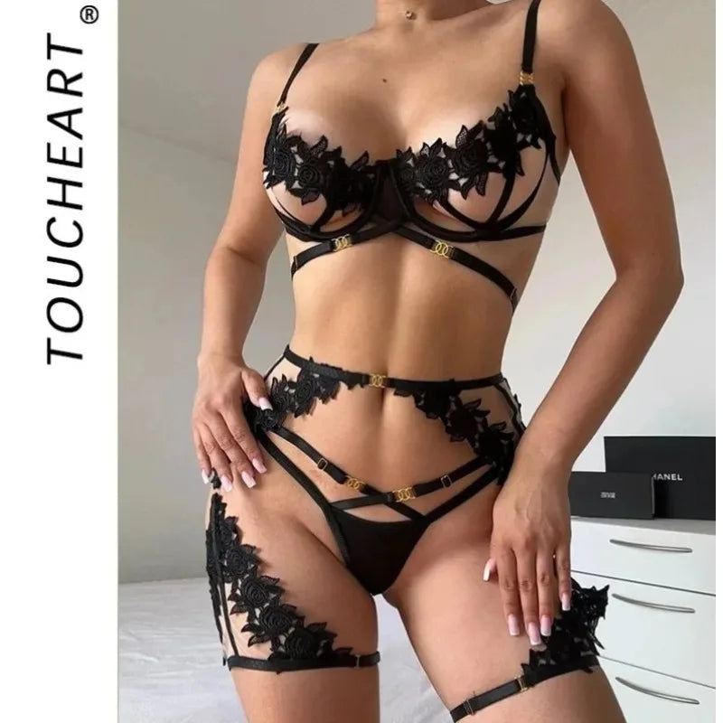 Toucheart Black Sexy See-through Mesh Interesting Hollow Out Underwear Skinny High Waisted Patchwork Steel Ring Underwear Set