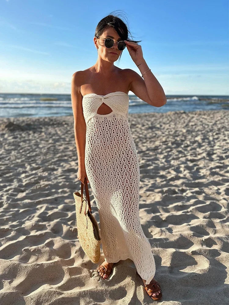 Foridol Bowknot Off Shoulder Knitted Summer Autumn Beach Dress Hollow Out Side Slit Maxi Long Sexy Sundress Bohemian Boho Dress