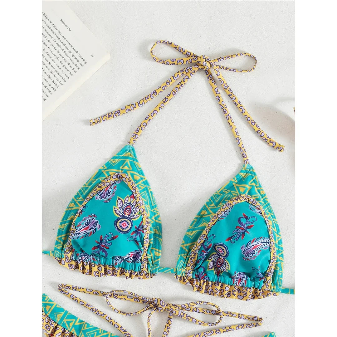 5 Colors Sexy Printed Halter Frilled Bikini Women Swimwear Female Swimsuit Two-Pieces Bikini Set Bather Bathing Suit Swim V4651