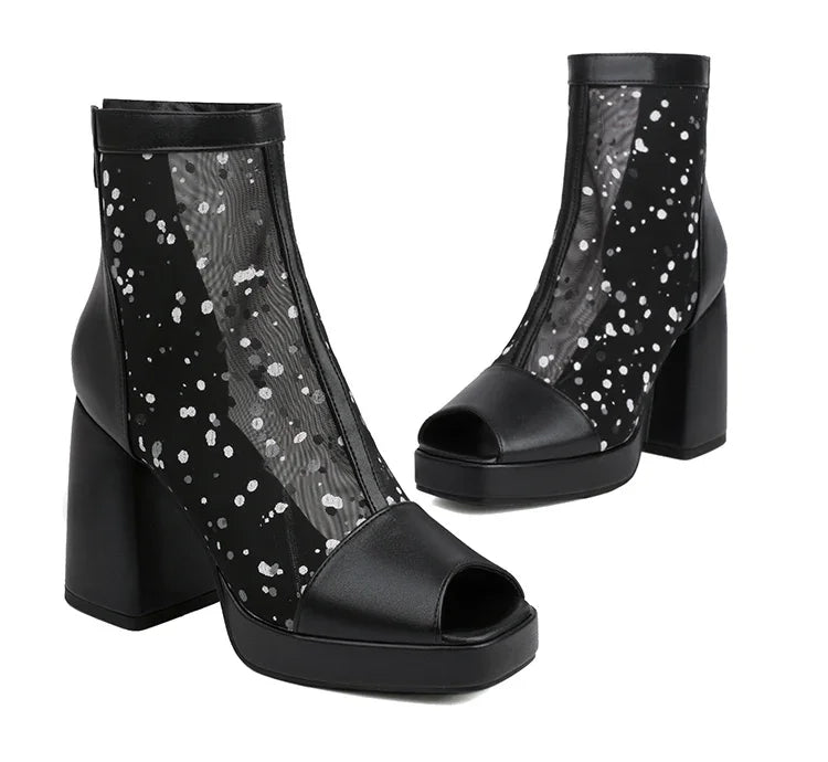 White Polka Dot Mesh Peep Toe Chunky Block Heel Platform Back Zipper Ankle Sandal Boots for Women