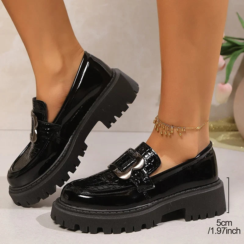 Plus Size Platform Loafers Shoes for Women 2025 Fashion Metal Buckle Pu Leather Shoes Woman Spring Autumn Slip On Flats Female