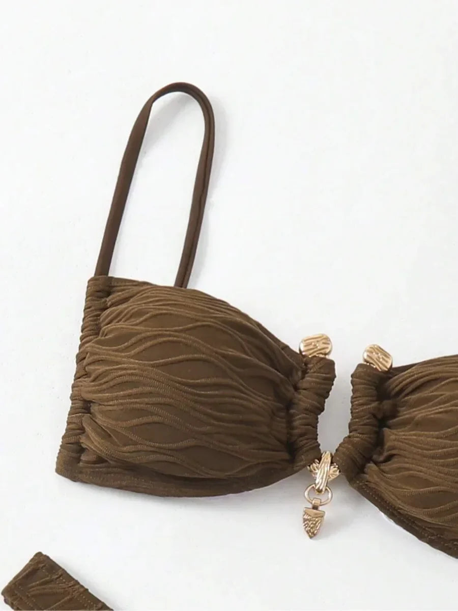 Wrinkled Crinkled Metal Ring Bikini 2025 Women Swimwear Female Swimsuit Two-pieces Bikini Set Bather Bathing Suit Swim Beachwear
