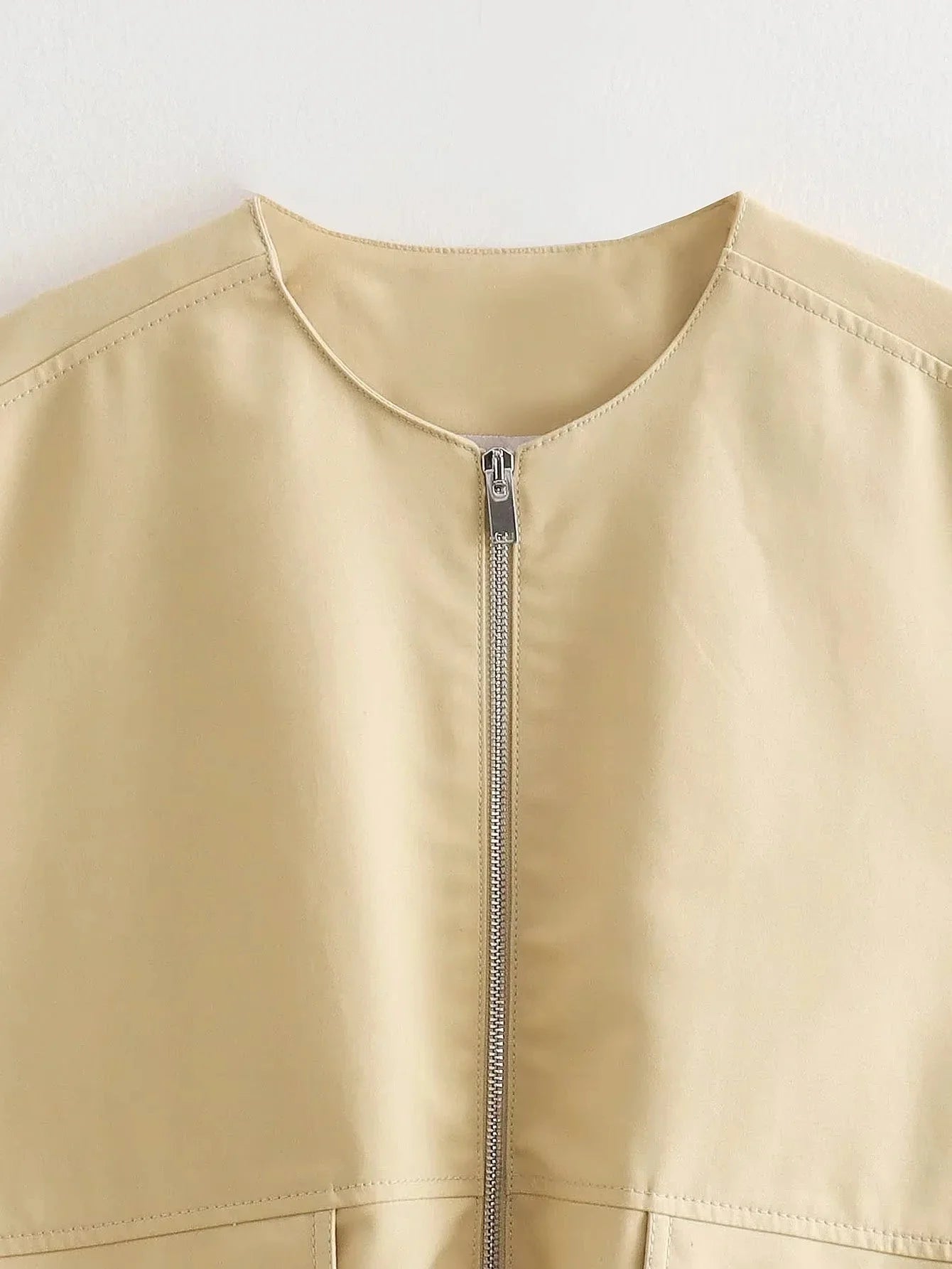 Foridol Padded Beige Waistcoat Folds Winter Sleeveless Vest Coat Turtleneck Pockets Zipper Autumn Thick Warm Parka Jacket