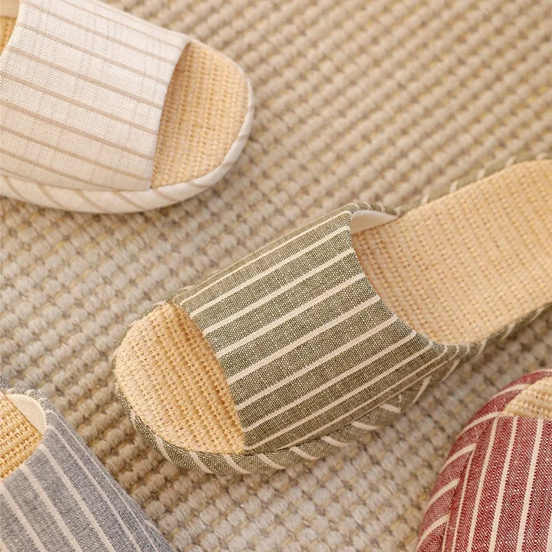 Breathable Linen Slippers For Women Men Summer House Shoes Striped Design Soft Sole Anti-Slip Couples Home Floor Cotton Slides