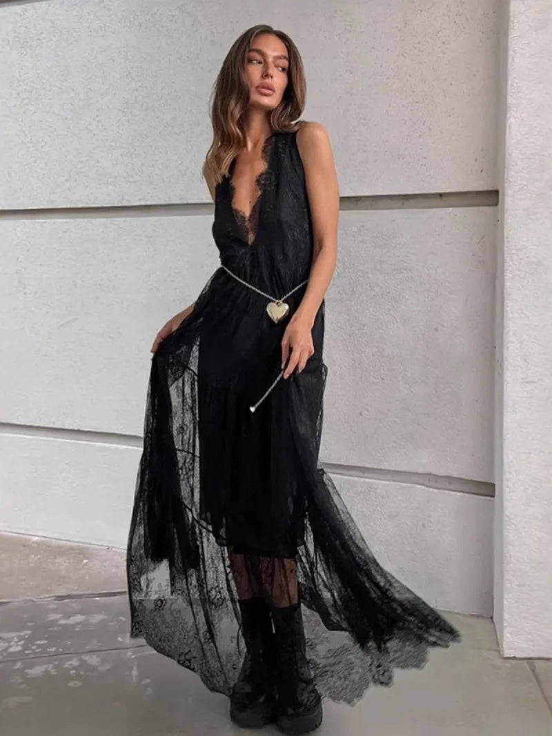 Sexy Deep V-neck Sleeveless Lace Dress Streetwear Women 2026 Backless Tunics A-line Party Dresses Long Maxi Robe Black White