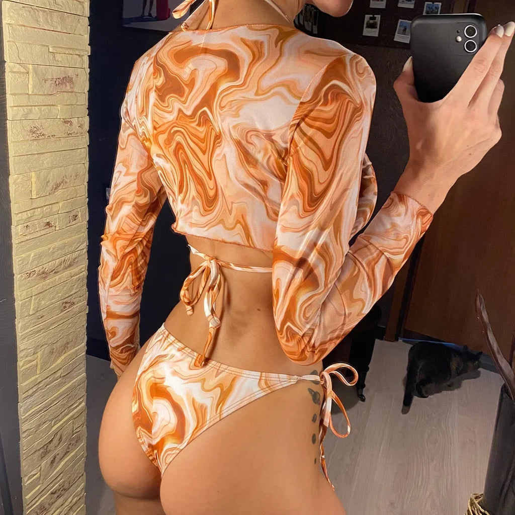 S- XXL Leopard Printed Long Sleeve Bikini Women Swimwear Female Swimsuit Three-Pieces Bikini Set Bather Bathing Suit Swim V3193Y