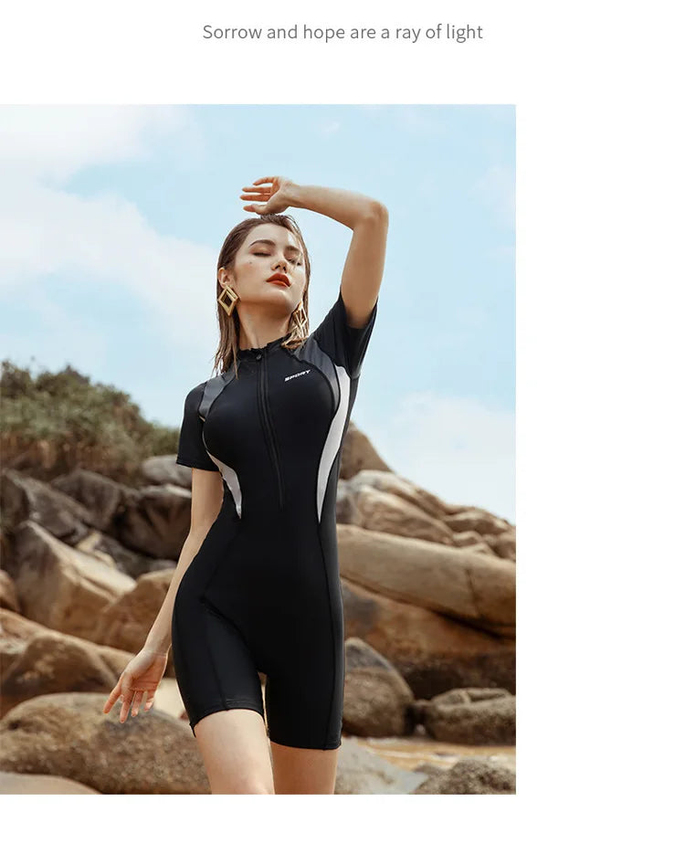 Swimsuit Women's Five Point Flat Leg Pants Conservative One-piece Slim Fit Sports Short Sleeved Hot Spring Swimsuit
