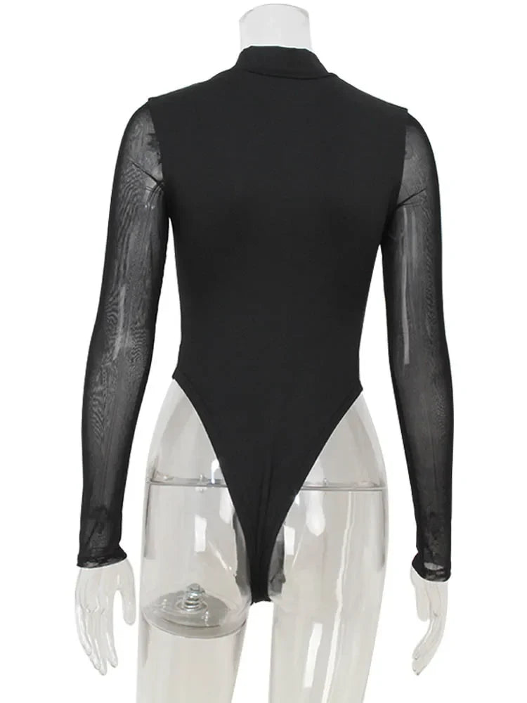 Ahagaga Sexy Mesh Women's Bodysuits See Through Skinny Turtleneck Solid Regular Long Sleeves Slim Fit Streetwear Rompers T Shirt