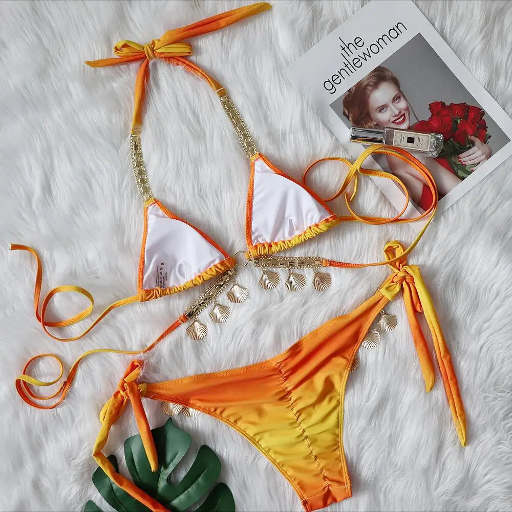 Women's Bikini Sexy Strap Gradient Print Luxury Crystal Diamond Bikini Shell Swimsuit