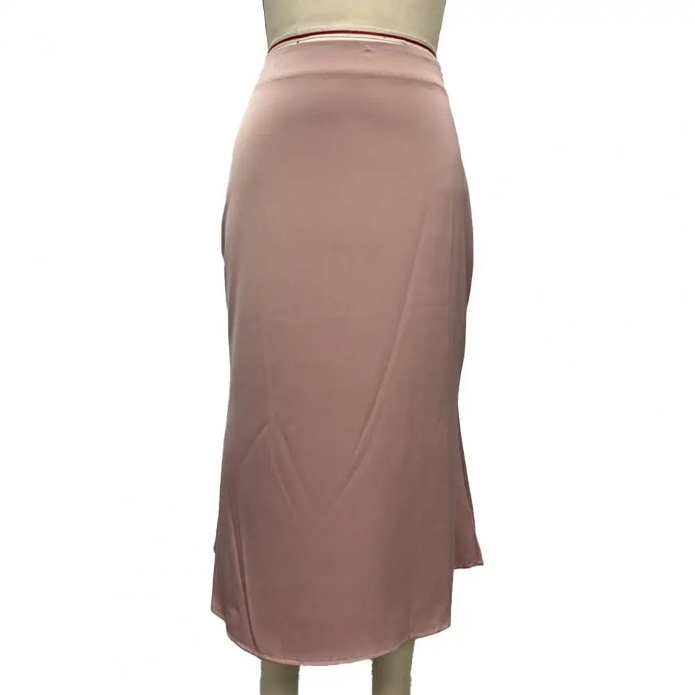 Satin-Like Shiny Skirt Women Midi Skirt High Waist Solid Color Mid-calf Length Skirt Soft Breathable Fabric Work Skirts