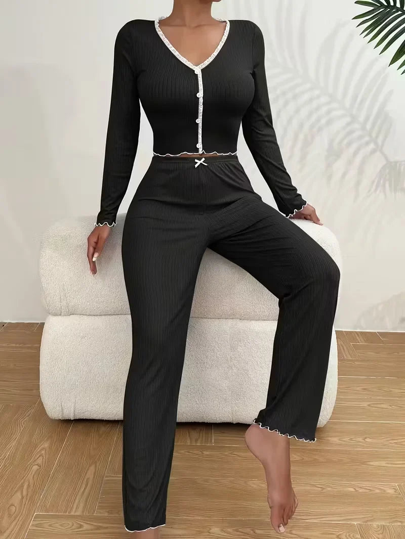 Women Autumn Winter Sleepwear Blue Lace Long Sleeves T-shirt Tops and Trousers 2 Pieces Pajamas Set Loungewear Home Suit