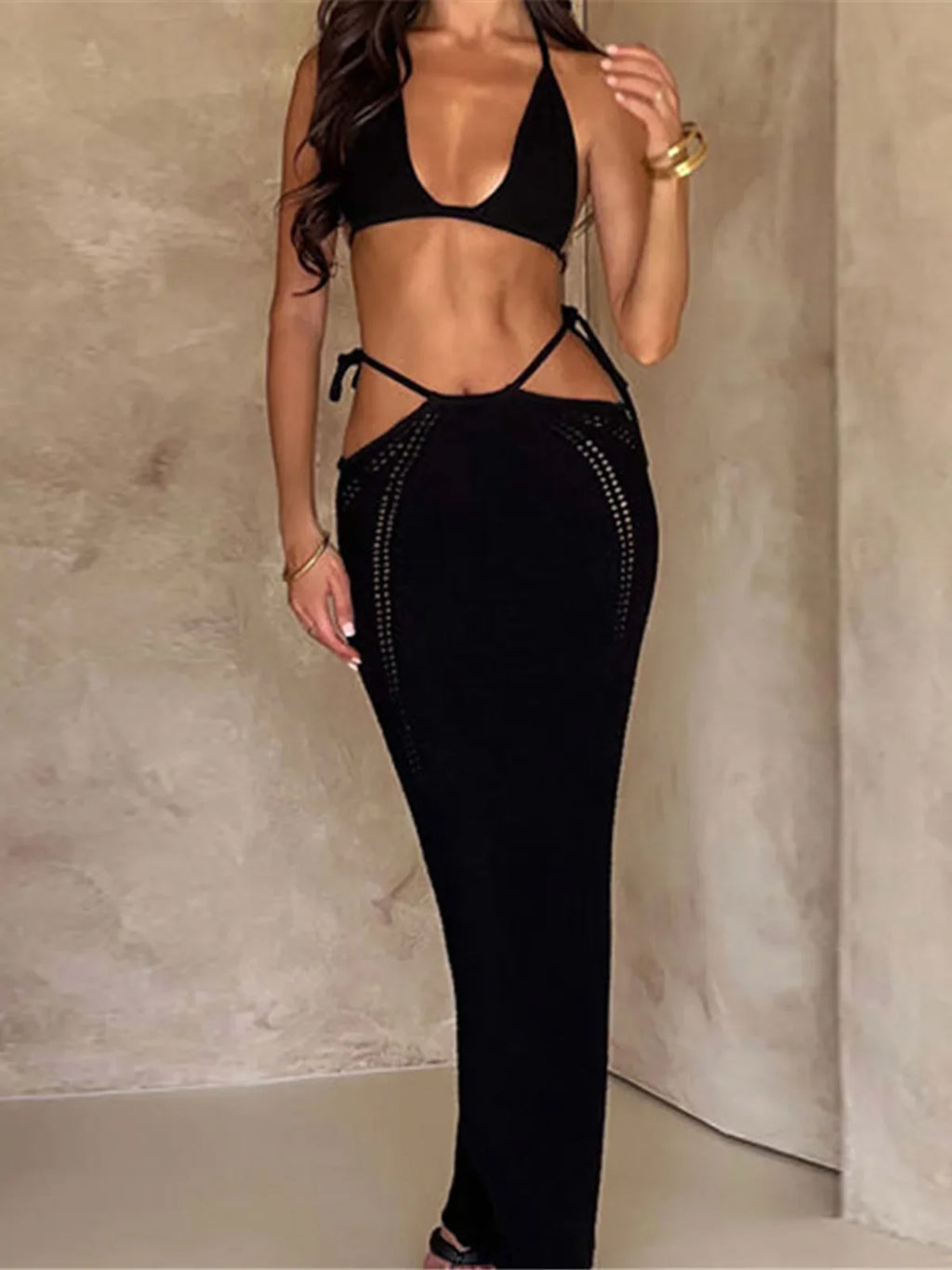 2PCS New Sexy With Top Halter Crochet Knitted Tunic Beach Cover Up Cover-ups Beach Dress Beach Wear Beachwear Female Women K4885