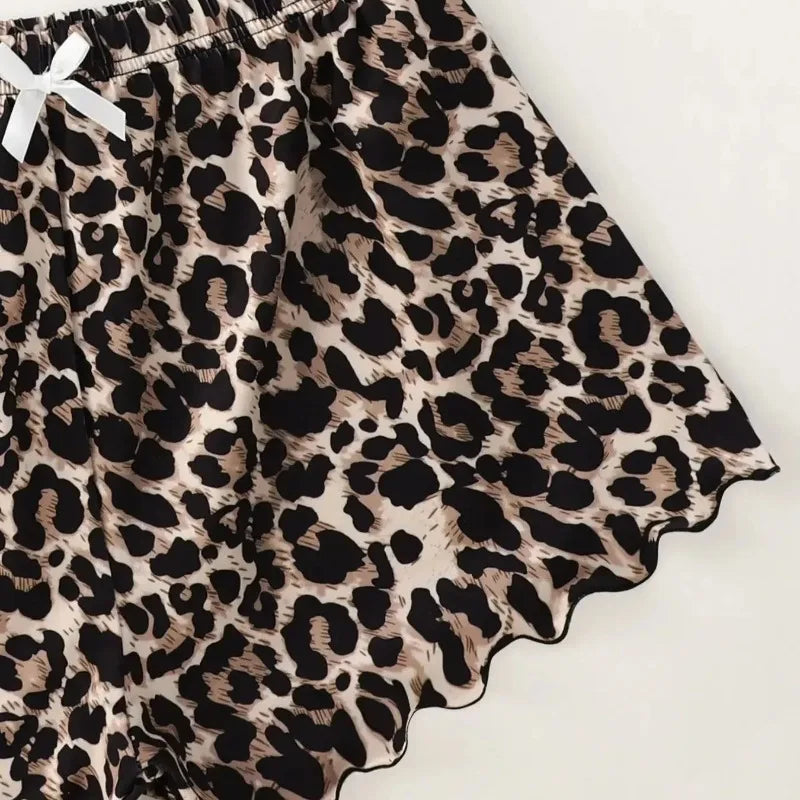 Women's Pajamas Set Sexy Lingerie Leopard Print Sling Sleepwear V-Neck Sleeveless Top and Shorts Sets Pyjamas Homewear