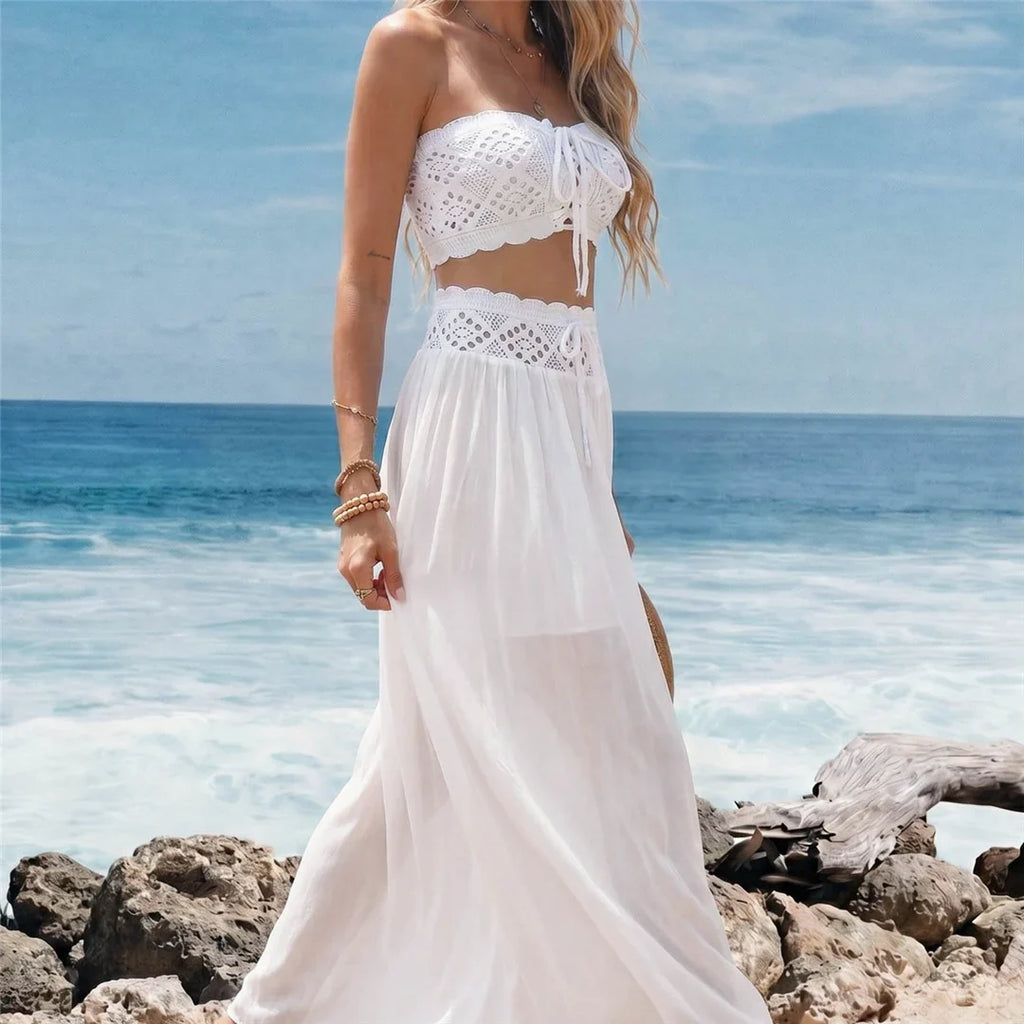 S - XL Bandeau Crochet Knitted 2 Pieces Suits Tunic Beach Cover Up Cover-ups Beach Dress Beach Wear Beachwear Female Women V8218