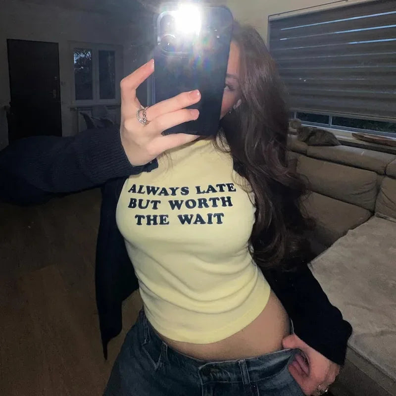 Woman Clothing Letter Print Short T-shirts Y2K Streetwear 2026 Summer O-neck Slim Fit Crop Tops Vacation Beach Tees Light Yellow