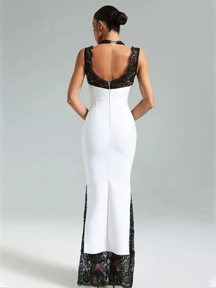 Ahagaga Lace Women's Party Maxi Dresses Solid Skinny V-Neck See Through Camisole Blackless Bodycon Sleeveless Vestidos Robes
