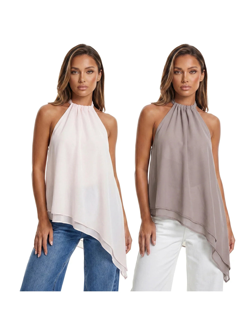 Women's Summer Solid Color/Dot Print Halter Tops Stylish Layered Asymmetrical Handkerchief HemSleeveless Vest