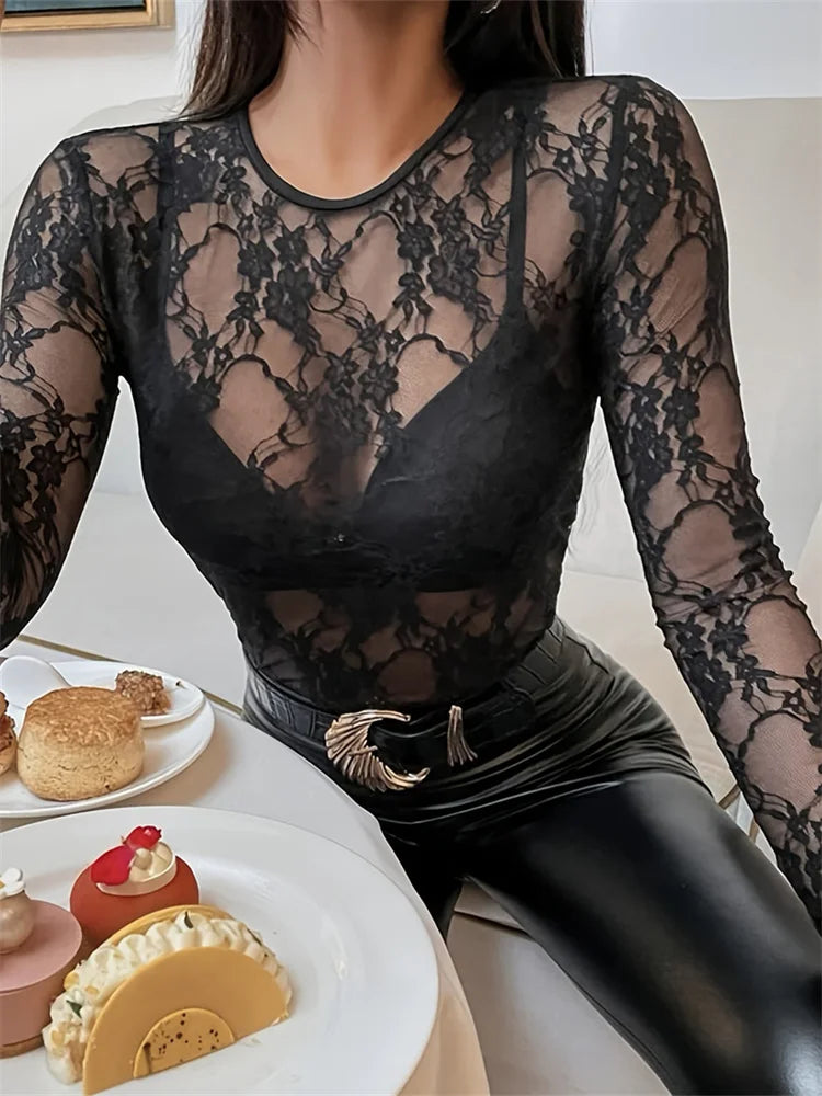 Women's Lace Floral T-shirts Long Sleeve O Neck See-through Slim Tops Spring Summer Autumn Shirts