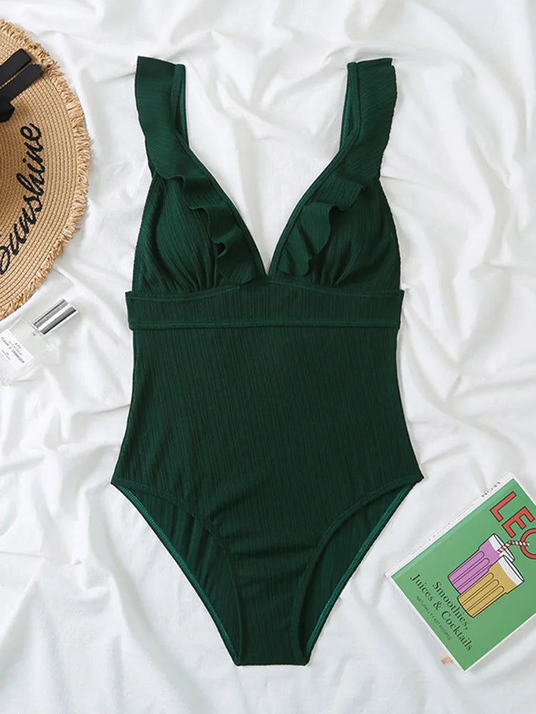 2026 Ruffle Swimsuit One Piece Solid V-neck Backless Swimwear Women Bathing Swimming Swim Suit Female Padded Beach Wear Summer