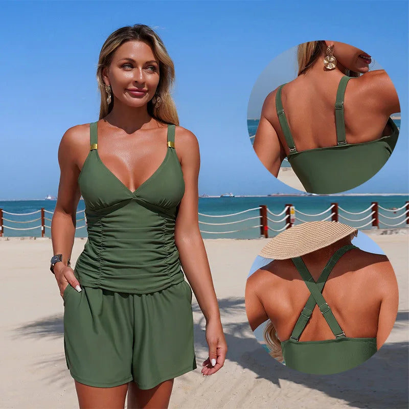 Green Black Pocket Short Two Piece Swimsuit Women V Neck Pleate Tank Top High Waist Tankini Set Beach Bathing Suit Swimwear 2026