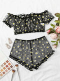 Mesh Floral Printed Off Shoulder 2Pcs Lingerie Set for Women Sexy Underwear Transparent Tops+Shorts Panties Exotic Sets