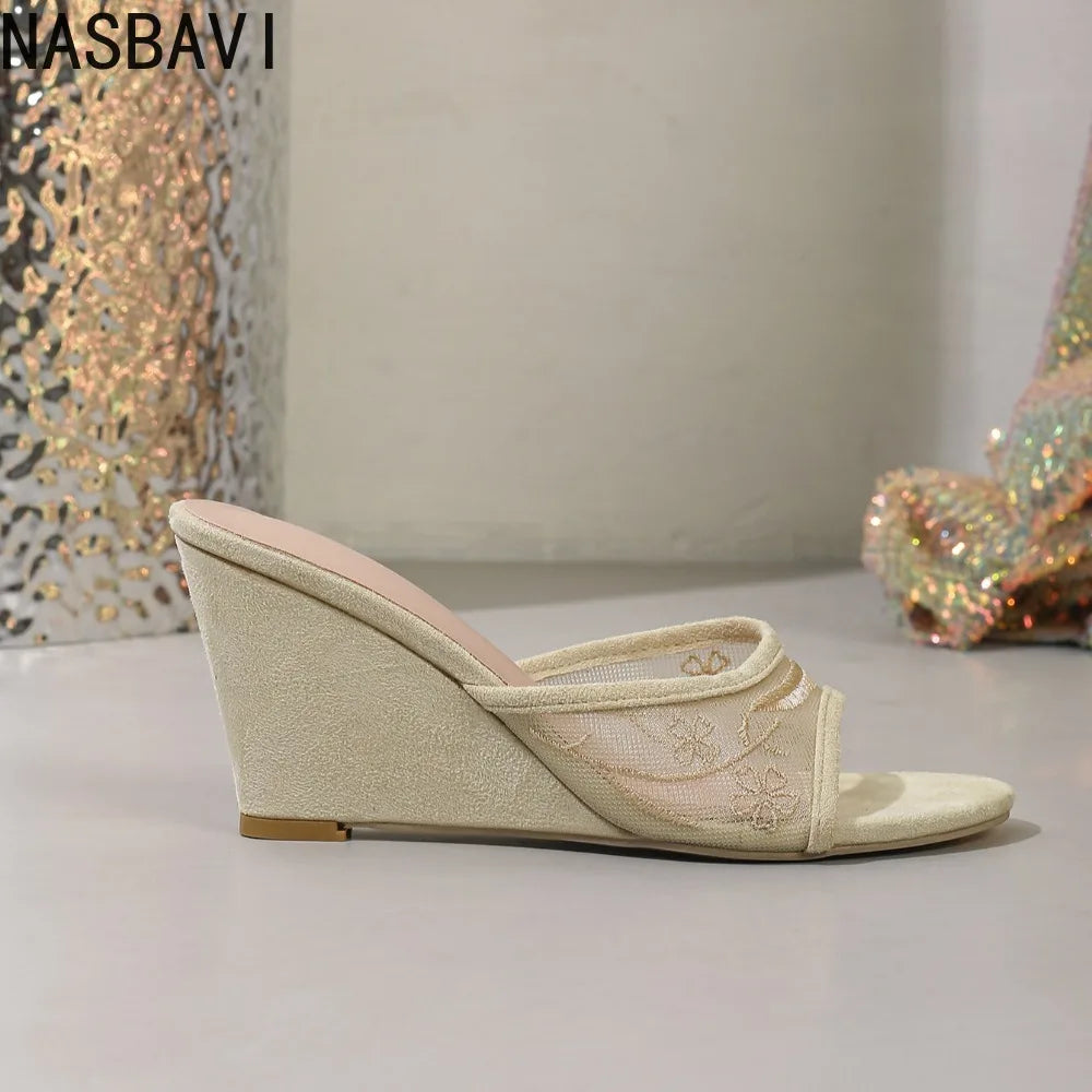 Fashion Embroidery Breathable Organza Mesh Slides Women's Peep Toe Slippers Designer Wedges High Heels Shoes 35-42 New Summer