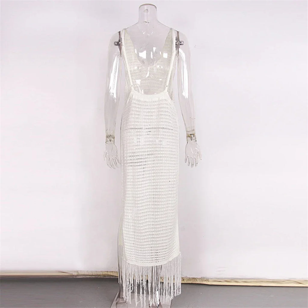 Sexy Fringe Tassel Knitted Crochet Tunic Beach Cover Up Women Long Dresses Cover-ups Beach Dress Beach Wear Beachwear Female