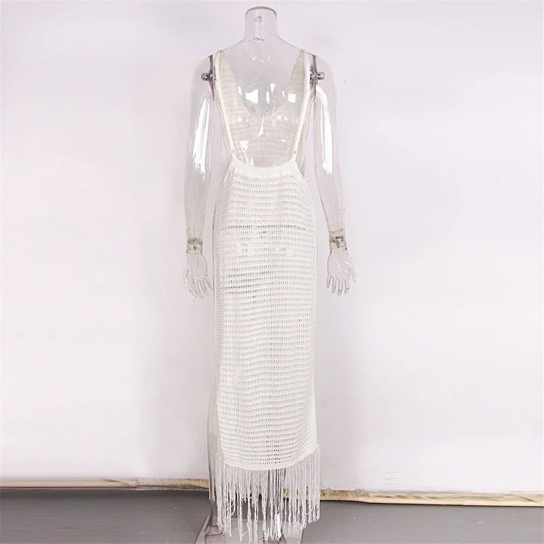Sexy Fringe Tassel Knitted Crochet Tunic Beach Cover Up Women Long Dresses Cover-ups Beach Dress Beach Wear Beachwear Female