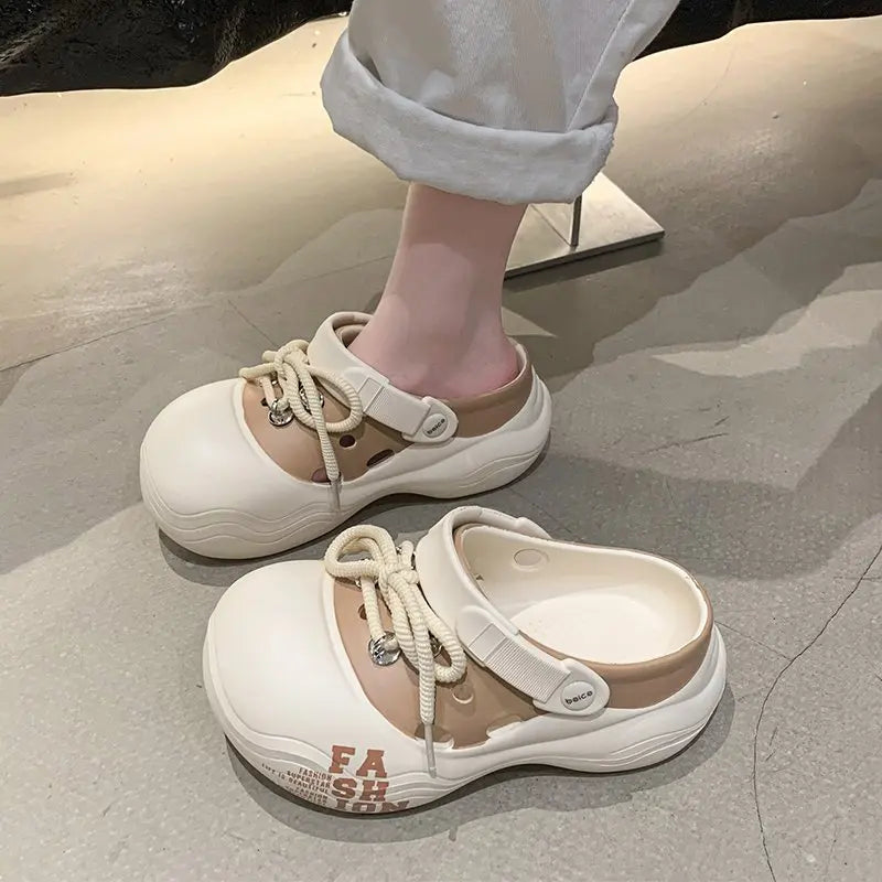 2026 New DIY Lace-up Fashion Clogs For Women Platform Slippers Thick Sole Summer Shoes Female Street Sandals Home Beach Slides