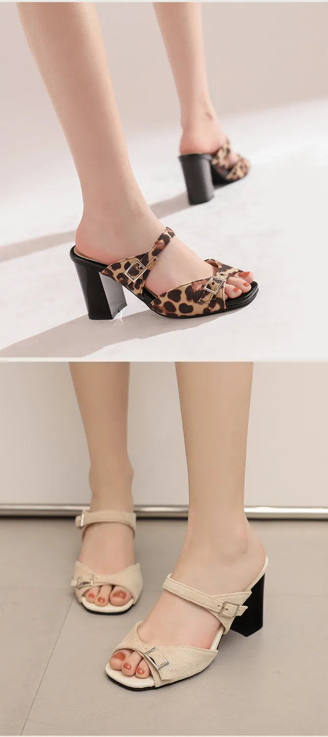 Fashion Leopard Print Square Heel Slippers Summer New Square Toe Metal Buckle Non-slip Wear-resistant Kitten Heel Shoes
