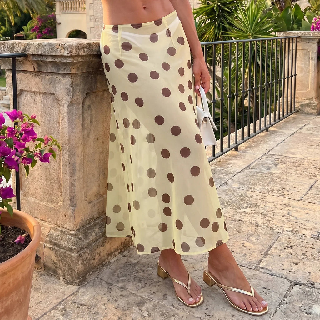 Women Summer Long Chiffon Skirts Stripe Print Sheer Mesh A-Line Skirt for Beach Vacation Streetwear