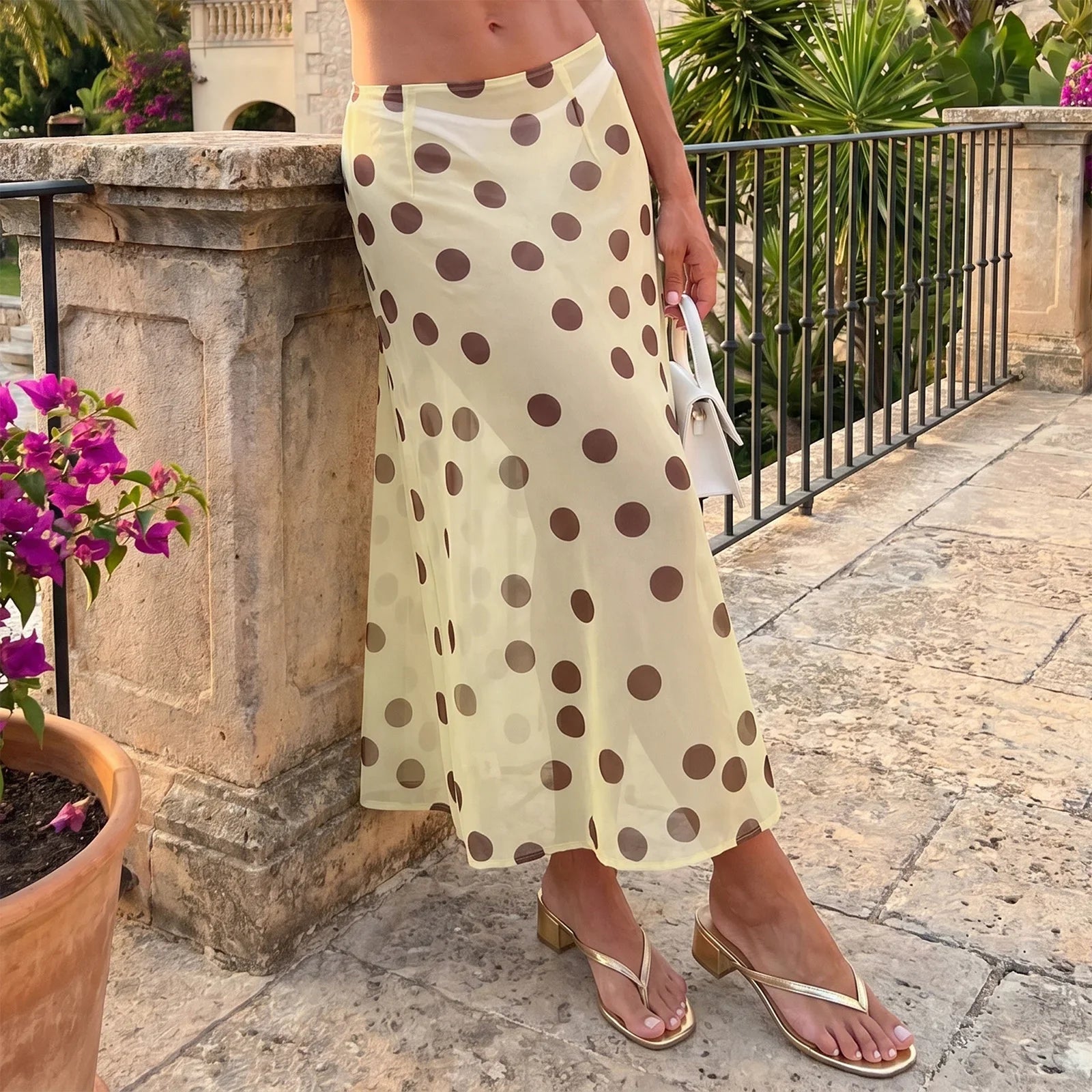 Women Summer Long Chiffon Skirts Stripe Print Sheer Mesh A-Line Skirt for Beach Vacation Streetwear