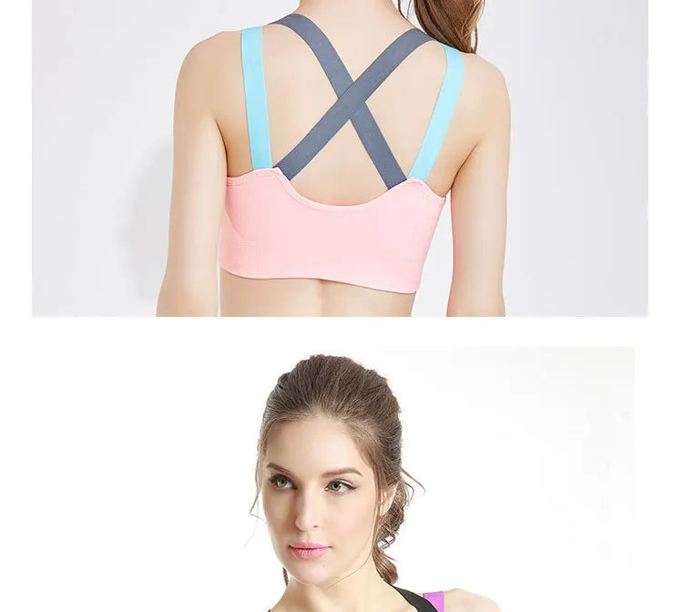 Sports Bra Women Patchwork Cross Back Straps Jogging Gym Crop Top Female Tops Fitness Yoga Shockproof Vest Sport Bras for Women