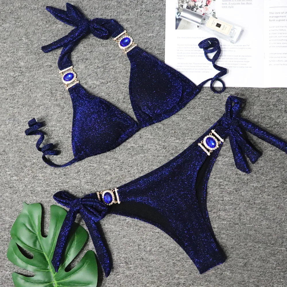 4 Colors Sexy Bikini Women Solid Shining Swimwear Swimsuit Crystal Diamond Female Bandage Halter Beach Bikinis Set Bathing Suit