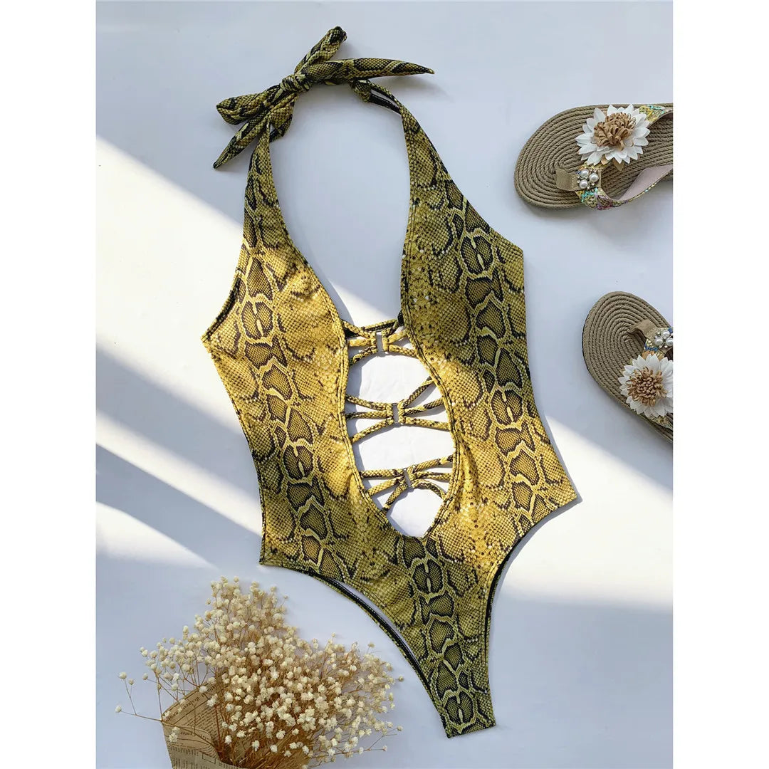 New Sexy Snake Skin Halter Monokini Women Swimwear One Piece Swimsuit Female Tummy Cut Out Bather Bathing Suit Swim Lady V3056