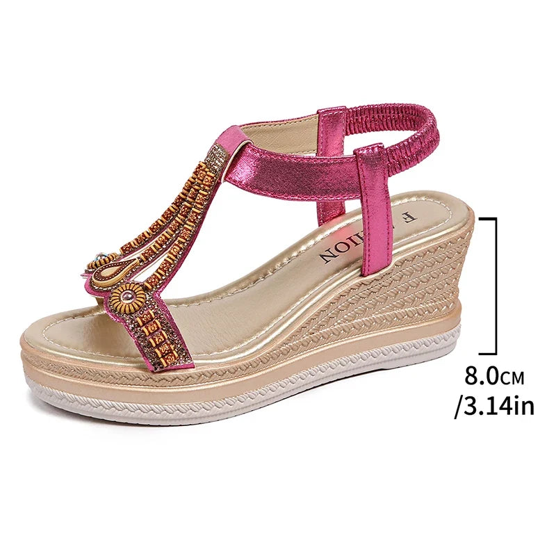 String Bead Wedge Heels Gladiator Sandals Women 2026 Summer Chunky Platform Sandles Woman Elastic Strap Plus Size Sandalias 43