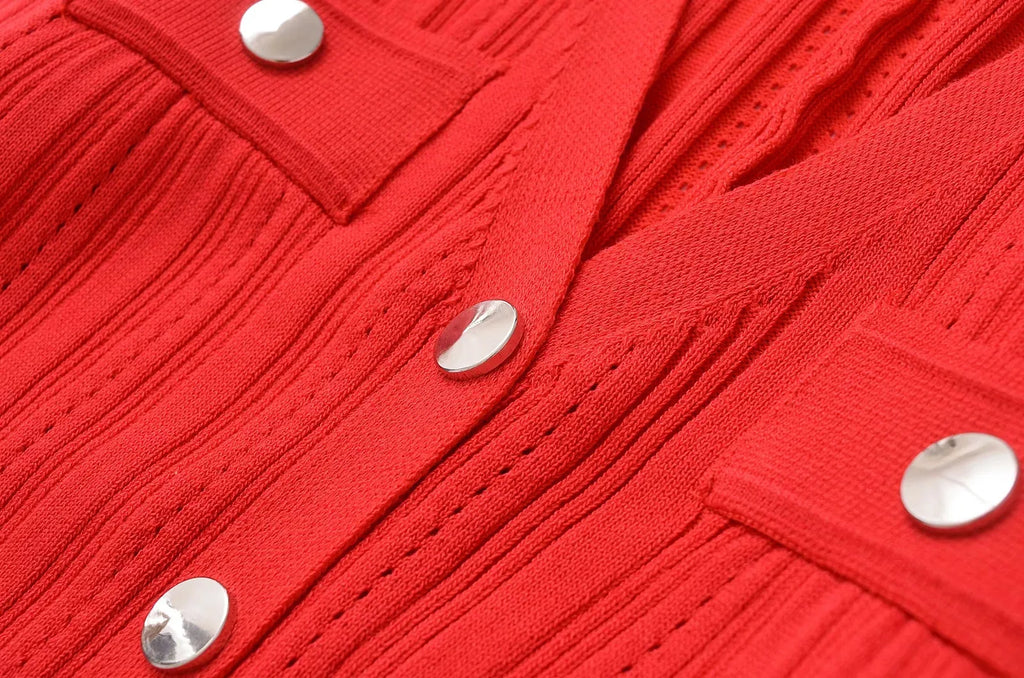 Foridol Red Knitted Polo Dress Autumn Winter Women Dress Casual Elegant Maxi A-line Hollow Out  Dress Slim Christmas Party