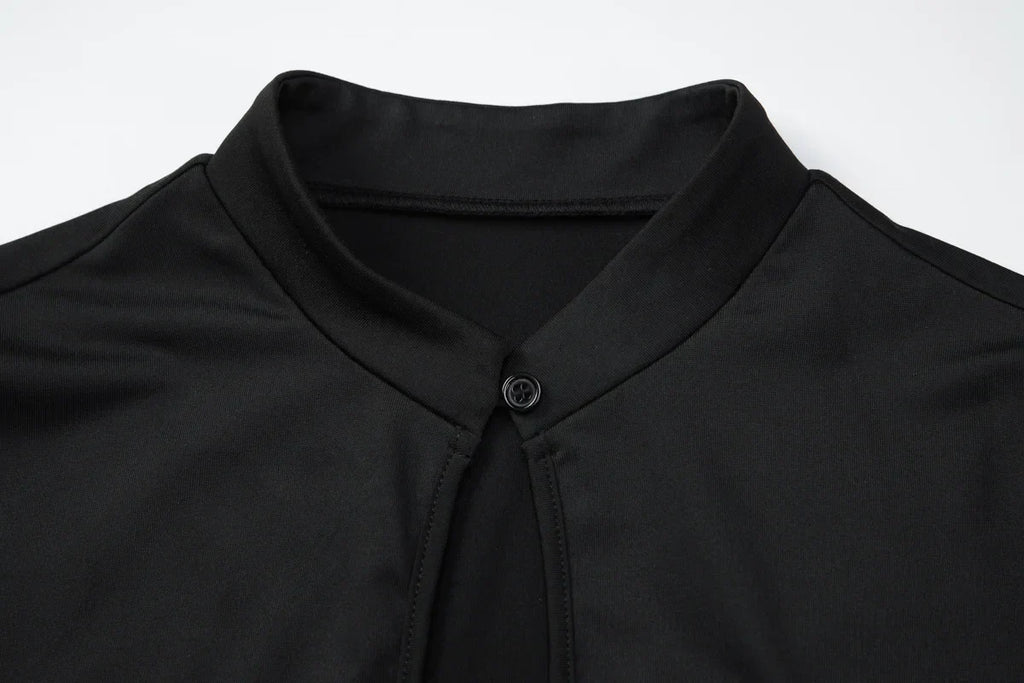 FDYOUI Fashion Stand Collar Button Hollow Out T-shirt for Women 2026 Sexy Short Sleeve Slim Cropped T Shirts Black Wine Red Tops