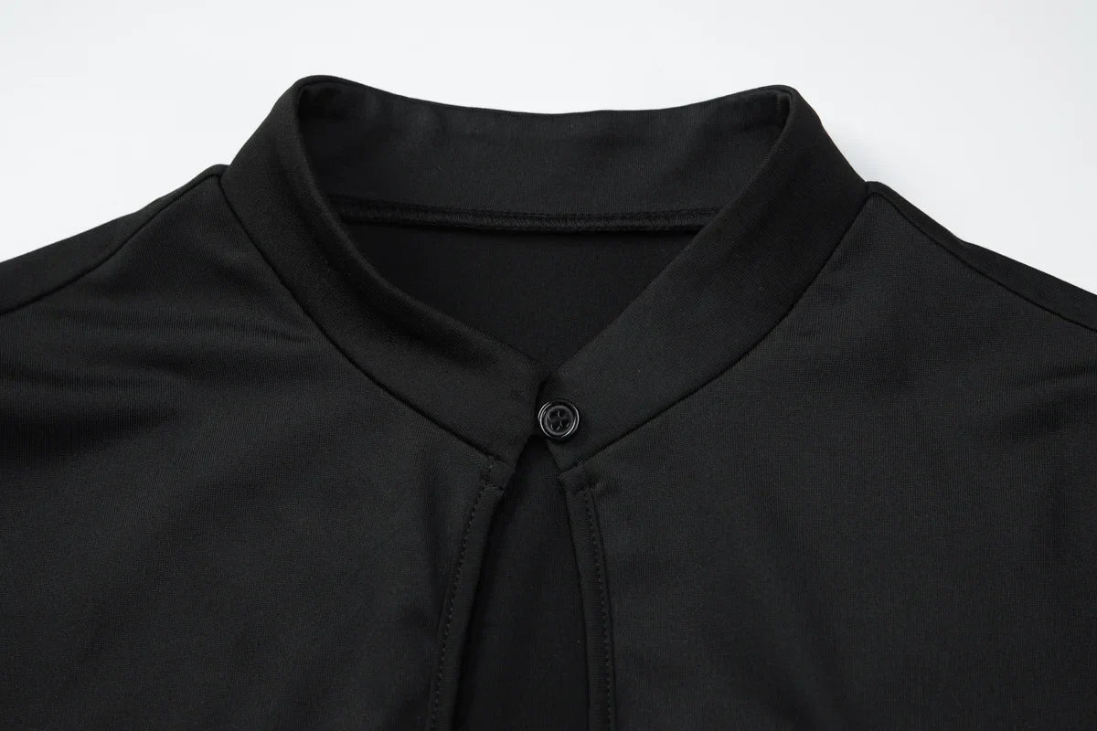 FDYOUI Fashion Stand Collar Button Hollow Out T-shirt for Women 2026 Sexy Short Sleeve Slim Cropped T Shirts Black Wine Red Tops