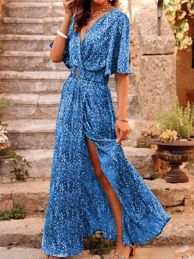 Spring Summer Printed Dress Short Sleeved Deep V-neck Slimming Waist Long Dresses Temperament Slit Dresses Vestidos Para Mujer