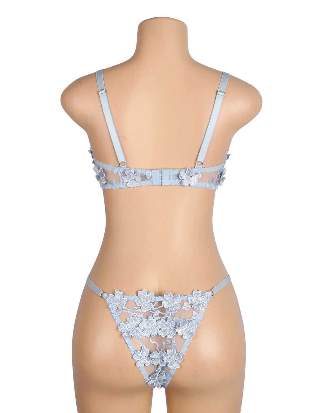 Blue Floral Lace Mesh Bra and Panties Set for Women Push Up Underwire Adjustable Straps Daily Sleepwear Romantic Fancy Lingerie