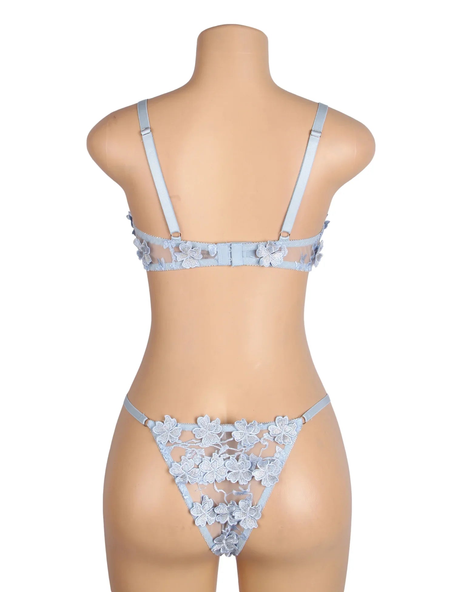 Blue Floral Lace Mesh Bra and Panties Set for Women Push Up Underwire Adjustable Straps Daily Sleepwear Romantic Fancy Lingerie