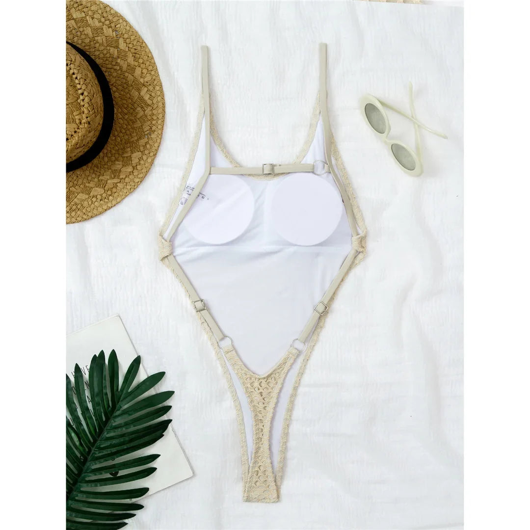 XS - L Scalloped Extreme String Mini Micro Thong One Piece Swimsuit Women Swimwear Female Padded Bather Bathing Suit Swim V7805